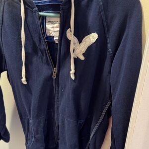 American Eagle Outfitters Dark Blue Hoodie with Cream Logo vintage